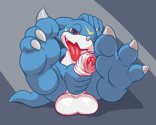 3_toes 5_fingers anthro balls bedroom_eyes big_balls biped bird's-eye_view blue_body blue_horn blue_skin blue_tail claws countershade_face countershade_torso countershading erection facial_markings feet fingers foot_focus foreskin frenulum front_view genitals glans grey_background half-closed_eyes hand_behind_head head_markings high-angle_view holding_penis horn humanoid_feet humanoid_genitalia humanoid_hands humanoid_penis long_foreskin looking_at_viewer lying male markings multicolored_body multicolored_skin narrowed_eyes nude on_back open_mouth open_smile penis plantigrade presenting presenting_penis red_eyes red_glans red_tongue seductive shadow sharp_teeth simple_background smile soles solo tail teeth toe_claws toes tongue tongue_out two_tone_body two_tone_skin unretracted_foreskin white_balls white_body white_claws white_countershading white_horn white_penis white_skin yellow_markings yowesephth bandai_namco digimon mythology digimon_(species) dragon mythological_creature mythological_scalie scalie veemon 2016 aliasing digital_drawing_(artwork) digital_media_(artwork) full-length_portrait portrait