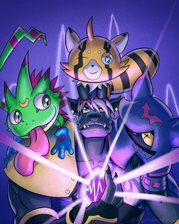 anthro armor black_body black_fur blue_eyes cloak clothing cowl female fur green_body group hair long_tongue male muscular muscular_anthro muscular_male orange_body orange_fur pupils size_difference tongue unusual_pupils white_hair wings yellow_eyes legendarytamer1 bandai_namco digimon digimon_beatbreak chiropmon digimon_(species) gekkomon murasamemon pristimon scalie 4:5 hi_res