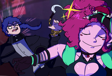 blue_hair blush blush_stickers cleavage_cutout cutout duo female hair male male/female male_human meme_pose pink_body pink_hair royalty slap smug_grin the_last_viper florence_wayne_(viper) amphibian aquatic axolotl axolotl_humanoid human humanoid mammal mole_salamander salamander vampire hi_res