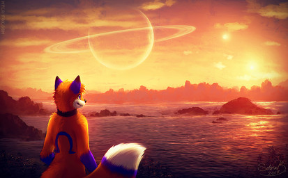 anthro back_markings closed_smile cloud detailed_background dipstick_ears ear_markings fur head_tuft male markings mouth_closed multicolored_body multicolored_ears multicolored_fur nude orange_body orange_fur outside planet purple_body purple_eyes purple_fur purple_markings rear_view reflection rock sky smile solo standing sunset text tuft water white_body white_fur mylafox canid canine fox mammal 2017 dated half-length_portrait portrait signature url