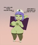 areola big_breasts breasts clothing dialogue eyelashes female footwear freckled_face freckled_legs freckled_shoulders freckled_thighs freckles front_view genitals glistening glistening_breasts green_areola green_nipples grey_background hair headgear headwear holding_breast humanoid_pointy_ears legwear navel nipples nude nurse_clothing nurse_headwear open_mouth pattern_background pink_background pointy_ears purple_eyes purple_hair pussy shoes short_hair short_stack simple_background solo text thigh_highs white_clothing white_footwear white_shoes goatsworth goblin humanoid absurd_res english_text hi_res