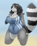 anthro big_breasts breasts cleavage clothed clothing female hair looking_at_viewer one-piece_swimsuit simple_background slightly_chubby slightly_chubby_female smile solo swimwear thick_thighs wide_hips blackbetty franciene_(tango's_family) mammal procyonid raccoon 4:5 hi_res