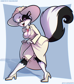 anthro biped blue_eyes breasts cheek_tuft cleavage clothed clothed_anthro clothed_female clothing countershade_face countershade_fur countershading curled_tail curling_tail ear_piercing eyebrow_through_hair eyebrows eyelashes facial_tuft female female_anthro footwear fully_clothed fully_clothed_anthro fully_clothed_female fur hair hat headgear headwear high_heels jewelry leg_markings looking_at_viewer markings necklace open_mouth open_smile piercing pink_nose shoes smile smiling_at_viewer socks_(marking) solo striped_markings striped_tail stripes tail tail_markings text translucent translucent_hair tuft psicoyote sally_skunk mammal mephitid skunk 2025 artist_name hi_res