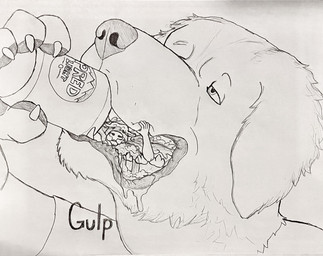 alcohol anthro anthro_pred anthro_prey beer beverage beverage_can body_in_mouth clothed clothing drinking drunk duo extreme_size_difference in_mouth larger_male male male/male male_pred male_prey mawplay micro on_tongue partially_inside size_difference size_play soaked substance_intoxication swallowing tongue vore wet hgythshs bovid bovine canid canine canis cattle domestic_dog mammal molosser graphite_(artwork) hi_res monochrome traditional_media_(artwork)