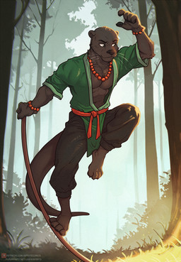 4_toes 5_fingers anthro arm_tuft asian_clothing athletic athletic_anthro athletic_male barefoot belt bent_arm bent_leg biped black_bottomwear black_claws black_clothing black_eyebrows black_nose black_pants black_pawpads bottomwear bracelet claws closed_smile clothed clothed_anthro clothed_male clothing dark_body dark_fur day detailed_background elbow_tuft exercise eyebrows feet finger_claws fingerpads fingers flexible forest forest_background front_view fully_clothed fully_clothed_anthro fully_clothed_male fur fur_tuft grass green_clothing green_eyes green_topwear grey_body grey_fur grey_tuft half-closed_eyes holding_object holding_staff humanoid_hands humanoid_heel iris jewelry lean_body light long_tail looking_aside male male_anthro martial_arts monotone_body monotone_fur mouth_closed narrowed_eyes necklace outside pants pawpads paws pelvic_curtain plant plantigrade plantigrade_pawpads pose pupils red_belt red_bracelet red_jewelry red_necklace sky smile snout solo staff standing straight_arm straight_leg sunlight tail tapering_tail text toe_claws toes topwear training tree tuft whiskers white_sclera white_sky white_whiskers spiritd turrus mammal mustelid otter 2025 english_description full-length_portrait hi_res lighting portrait url