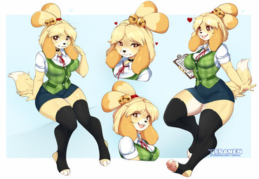 anthro bedroom_eyes bottomwear choker clothing female happy jewelry legwear looking_at_viewer narrowed_eyes necklace pupils secretary seductive shortstack simple_background skirt solo stockings thick_thighs uniform white_pupils conditional_dnp teranen animal_crossing nintendo isabelle_(animal_crossing) canid canine canis domestic_dog mammal shih_tzu toy_dog 2025 sketch_page