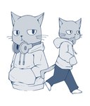 anthro bottomwear clothing electronics hands_in_both_pockets headphones hoodie looking_at_viewer male pants serious simple_background solo tail topwear white_background otamin working_buddies! kuehiko_roshihara domestic_cat felid feline felis mammal 2018 blue_and_white japanese_description monochrome