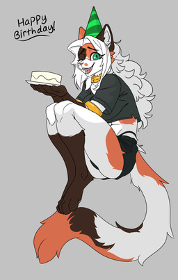 anthro big_breasts birthday breasts cake celebration clothed clothing collar curled_up dessert feet female fetal_pose floating fluffy fluffy_hair fluffy_tail food gift green_eyes hair happy holding_object long_hair one_eye_closed smile solo tail wild_hair wink rohkat beautybanger calico_cat domestic_cat felid feline felis mammal werecat werecreature werefelid werefeline absurd_res hi_res