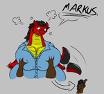 angry anthro big_breasts breast_grab breasts clothing duo female fist hand_on_breast huge_breasts male male/female markus_(furryoccultist) nipple_outline overweight overweight_female smug snarling tail tail_motion tailwag yelling furryoccultist mythology emelia_(furryoccultist) dragon human mammal mythological_creature mythological_scalie scalie