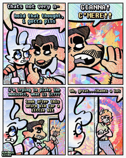 4_panel_comic alcohol anthro arm_hair beverage black_hair blonde_hair body_hair bow_tie cheek_spots cheek_tuft clothing collared_shirt container crop_top cup dialogue drinking_glass facial_hair facial_tuft female floppy_ears fur glass glass_container glass_cup group hair half-closed_eyes male mustache mustaches narrowed_eyes overalls polo_shirt shirt speech_bubble tan_body tan_fur teeth text tooth_gap topwear trio tuft white_body white_fur wide_eyed wine wine_glass yellow_body yellow_fur rawdawgcomics bingus_(rawdawgcomics) cataldo_(rawdawgcomics) bird_dog canid canine canis domestic_cat domestic_dog felid feline felis golden_retriever hunting_dog lagomorph leporid mammal rabbit retriever 4:5 comic english_text hi_res