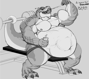 abdominal_bulge almost_fully_inside anthro belly big_belly dialogue duo exercise flexing forced gym head_in_mouth male muscular muscular_arms muscular_male open_mouth oral_head_gulp oral_vore partially_inside pecs same_size_vore struggling struggling_prey text unwilling_prey vore weightlifting workout vhyena dinosaur prehistoric_species reptile saurischian scalie theropod tyrannosaurid tyrannosauroid tyrannosaurus tyrannosaurus_rex english_text monochrome