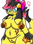 3:4 5_fingers anthro belly big_breasts black_hair blue_eyes breasts brown_nipples female fingers generation_6_pokemon genitals hair helioptile lewdchuu_(artist) long_ears navel nintendo nipples pokemon pokemon_(species) pussy simple_background smile solo star tail white_background yellow_body