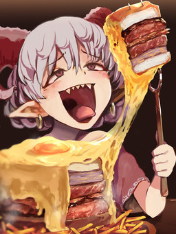 bovid_horn caprine_horn carving_fork cheese cheese_string curly_hair cutlery dairy_products ear_piercing ear_ring female food fork fries grey_hair hair holding_fork holding_object holding_tool holding_utensil horn humanoid_pointy_ears kitchen_utensils open_mouth piercing pointy_ears red_horn ring_piercing sandwich_(food) sharp_teeth solo teeth tongue tongue_out tools gomeifuku touhou yuuma_toutetsu horned_humanoid humanoid taotie 3:4 absurd_res hi_res