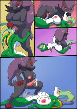 anthro areola begging begging_to_stop big_breasts big_penis blush bodily_fluids breasts bully butt competition cum cum_on_belly cum_on_body cum_on_breasts cum_on_face cum_on_penis defeated duo ejaculation erection exhausted fellatio fur genital_fluids genitals glans green_body gynomorph gynomorph/gynomorph hair handjob huge_breasts huge_penis intersex intersex/intersex intersex_penetrating lying mutual_penetration nipples nude on_back open_mouth oral oral_penetration penetration penile penile_penetration penis purple_hair rivalry serpentine sex sexual_competition sexual_fight simple_background smile spreading standing_over submissive submissive_gynomorph submissive_intersex sweat tail thick_thighs tongue tongue_out victory wide_hips kato777 nintendo pokemon roka_(zora.fox) canid canine generation_5_pokemon mammal pokemon_(species) reptile scalie serperior shiny_pokemon snake zoroark absurd_res comic digital_media_(artwork) hi_res