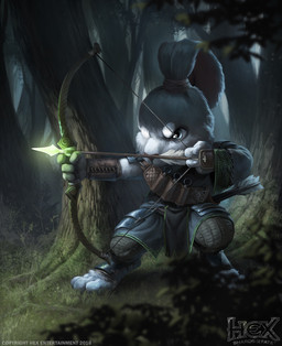 anthro armor arrow_(weapon) bow_(weapon) crouching dagger focused forest fur grass grey_body grey_fur holding_bow_(weapon) holding_object holding_ranged_weapon holding_weapon leather leather_armor male melee_weapon outside plant quiver_(object) ranged_weapon solo tree weapon brian_valeza hex:_shards_of_fate lagomorph leporid mammal rabbit 2016 digital_media_(artwork) hi_res official_art