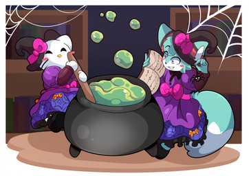 anthro bisexual_pride_colors blue_body blue_eyes blue_fur blush blush_stickers book bookshelf bubble cauldron chibi clothed clothing crossdressing crossdressing_male cutlery dipstick_tail dress duo eyebrows eyes_closed female footwear fur fur_markings furniture hat headgear headwear holding_book holding_object kitchen_utensils lgbt_pride magic_user male markings pride_colors reading reading_book ribbons shoes smile spider_web spoon stirring tail tail_markings tools whiskers white_body white_fur witch witch_costume witch_hat lolzneo hello_kitty_(series) sanrio hello_kitty_(character) roflfox arachnid arthropod canid canine domestic_cat felid feline felis fox mammal spider 2025 digital_media_(artwork) hi_res