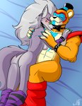 anthro anthro_on_anthro bear bed bed_sheet bedding bracelet brown_body brown_fur canid canine canis collar digital_media_(artwork) ear_piercing ear_ring ear_stud embrace eyes_closed female five_nights_at_freddy's five_nights_at_freddy's:_security_breach fur furniture glamrock_freddy grey_body grey_fur hair hi_res jewelry lying lying_on_another lying_on_bed male male/female mammal mostly_nude muscular muscular_male nude on_bed orange_body orange_fur piercing ring_piercing roxanne_wolf scottgames sleeping sleeping_together spiked_bracelet spiked_collar spikes steel_wool_studios stogiegoatarts suggestive white_hair wolf