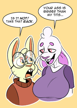 anthro breasts buckteeth clothed clothing dialogue duo ellipsis eyewear family female front_view frown glasses head_tuft long_ears male open_mouth open_smile orange_eyes orange_nose outline pink_eyes pink_nose round_glasses shirt simple_background smile speech_bubble sweater teeth text topwear tuft whiskers yellow_background komdog eujean lagomorph leporid mammal rabbit character_request english_text brother_(lore) brother_and_sister_(lore) sibling_(lore) sister_(lore)