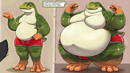 3_toes anthro burger clothing dialogue digitigrade feet first_person_view food male obese obese_male overweight overweight_male photo plantigrade solo toes two_panel_image underwear weight_gain gritzoz amphibian frog 16:9 2024 hi_res widescreen