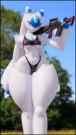 anthro assault_rifle black_clothing black_panties black_shirt black_tank_top black_topwear black_underwear blue_eyes blue_sky blurred_background breasts camel_toe chest_gem clothed clothing day female forehead_gem gem glistening glistening_clothing glistening_panties glistening_shirt glistening_tank_top glistening_topwear glistening_underwear gun holding_gun holding_object holding_ranged_weapon holding_weapon looking_at_viewer medium_breasts mouthless nature nature_background outside palmorph panties pantsless pantsless_anthro pantsless_female ranged_weapon rifle shirt skimpy sky solo tank_top thick_thighs topwear under_boob underwear weapon white_body wide_hips thenicedragon warfaremachine_(modeler) palworld pocketpair lunaris_(pal) pal_(species) 3d_(artwork) 9:16 digital_media_(artwork) hi_res watermark