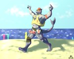 2_penises anthro barazoku beach bodily_fluids bottomless clothed clothing erection exhibitionism eyewear genitals hat headgear headwear male multi_genitalia multi_penis muscular muscular_male penis public public_erection public_exposure seaside shirt solo streaking sunglasses sweat topwear artemi epic_games fortnite safety_first_steve_(fortnite) fish marine shark 5:4 absurd_res hi_res