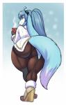 anthro big_butt bottomwear bulge butt clothed clothing crossdressing femboy form_fitting looking_back male simple_background smile solo thick_thighs tight_bottomwear tight_clothing lavenderpandy aerothefox aero_vonheart canid canine fox hybrid lagomorph leporid mammal rabbit hi_res