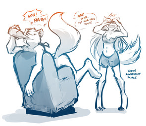 alcohol anthro beverage bottle butt casual_nudity chair chest_tuft clothed clothing container covering covering_eyes covering_face dialogue digitigrade drinking drunk duo embarrassed eyes_closed female furniture holding_object humor male midriff nude raised_tail simple_background skimpy standing substance_intoxication tail text tuft white_background yelling conditional_dnp tom_fischbach twokinds raine_silverlock sythe_(twokinds) canid canine canis keidran mammal wolf adobe_photoshop_(artwork) digital_media_(artwork) english_text monochrome sketch
