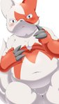 blush looking_at_viewer male pubes simple_background slightly_chubby solo tail white_background okunawa nintendo pokemon generation_3_pokemon pokemon_(species) zangoose 2017 9:16 absurd_res hi_res