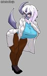 1_horn absol absurd_res amber_(ambersol13) anthro big_breasts big_butt blue_clothing blue_sweater blue_topwear bottomwear breasts brown_bottomwear brown_clothing brown_pants butt clothing coat dark_body darkadibuja eyewear fan_character female footwear fur generation_3_pokemon glasses hi_res high_heels horn lab_coat nintendo pants pokemon pokemon_(species) red_eyes shoes solo sweater tail thick_thighs topwear white_body white_fur