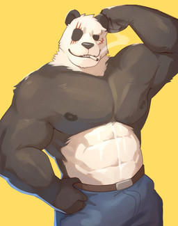 abs anthro belt big_muscles black_sclera bottomwear cigarette clothed clothing denim denim_bottomwear denim_clothing fur jeans looking_at_viewer male muscular muscular_anthro muscular_male nipples pants pecs scar simple_background smile smoking solo standing topless topless_male tuft yellow_background cilok beastars gouhin_(beastars) bear giant_panda mammal 2021 hi_res