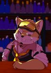 anthro bartender clothing detailed_background eyebrows eyewear fur goggles grin male necktie scar smile solo thick_eyebrows topwear vest yellow_body yellow_fur sabanomisoni369 lifewonders live_a_hero procy canid canine canis domestic_dog mammal