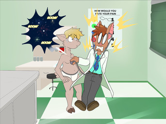 anthro black_nose black_text blonde_hair blue_becktie blue_dress_shirt blue_text bottomwear briefs briefs_only brown_body brown_clothing brown_footwear brown_fur brown_hair brown_shoes cabinet claws clothed clothing coat disinterested doctor's_coat doctor's_office duo floor footwear foxway fully_clothed fur grey_bottomwear grey_clothing grey_pants grey_waistband hair half-closed_eyes hooves horn inside looking_away loud_noise male medical_checkup medical_instrument narrowed_eyes necktie nipples open_mouth overweight overweight_male pants pattern_necktie paul_(thedc) poster scientific_instrument shoes sound_effects spotted_necktie stethoscope teeth_showing text tighty_whities tile tile_floor toony topless topwear underwear underwear_only white_briefs white_clothing white_coat white_topwear white_underwear yellow_text drfoxweyman alpaca bat camelid mammal english_text hi_res