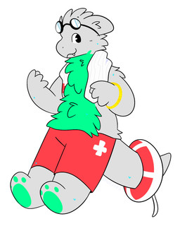 anthro biped bottomwear bracelet clothing eyewear fur goggles green_body green_fur green_paws grey_body grey_fur jewelry lifeguard lifesaver male shorts smile solo standing toothy_grin towel towel_around_neck snuffles mythology snuffles_(character) dragon mythological_creature mythological_scalie scalie hi_res