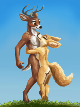 anthro duo female hug male male/female simple_background standing el-yeguero canid canine deer fennec_fox fox mammal true_fox digital_media_(artwork) digital_painting_(artwork) hi_res painting_(artwork)