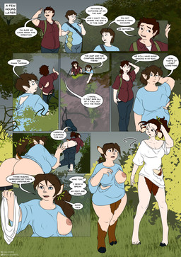 areola backpack blue_eyes breast_growth breasts brown_eyes brown_hair clothed clothing dialogue duo facial_hair female forced forced_transformation forest gender_transformation genitals growth hair hooves male mid_transformation mtf_transformation mustache nipples partially_clothed plant shortstack species_transformation speech_bubble text torn_clothing transformation tree halcy0n human mammal satyr colored comic english_text hi_res