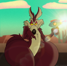 4_fingers anthro big_butt black_nose brown_body butt cheek_tuft chest_tuft cloud countershading facial_tuft fingers green_sky holding_raygun huge_butt huge_thighs light looking_at_viewer male outside_sex owo peach_emoji sex sky solo tail tan_body tan_countershading thick_thighs tuft wide_hips yellow_sclera furrylovepup looney_tunes warner_brothers wile_e._coyote canid canine canis coyote mammal 2025 digital_media_(artwork) hi_res lighting watermark