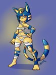 4_toes 5_fingers anthro armband bandage biped blue_hair breasts cosplay dot_eyes egyptian feet female fingers hair hand_on_hip looking_at_viewer markings navel pose short_hair simple_background solo standing striped_markings striped_tail stripes tail tail_markings toes under_boob uraeus fbende animal_crossing capcom nintendo street_fighter ankha_(animal_crossing) menat_(street_fighter) domestic_cat felid feline felis mammal 2018 absurd_res digital_media_(artwork) hi_res