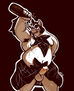 anthro arm_hair balls belly big_belly big_pubes body_hair bottomwear chest_hair clothed clothing ear_piercing ear_ring erection front_view genitals humanoid_genitalia humanoid_penis kilt looking_at_viewer male moobs multiple_piercings narrowed_eyes navel nipple_piercing nipple_ring nipples obese obese_anthro obese_male overweight overweight_anthro overweight_male penis piercing pubes ring_piercing simple_background solo standing topless yellow_eyes chocolateandmilk mammal suine absurd_res hi_res portrait three-quarter_portrait