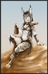 anthro border bottle container ear_piercing ear_ring female grey_border piercing ring_piercing sitting solo tribal spectronic mira_(spectronic) felid feline lynx mammal hi_res