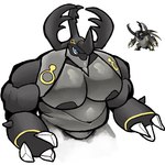 anthro belly biceps black_body blue_eyes male musclegut muscular navel nipples pecs solo weirdocoon palworld pocketpair arthropod beetle insect pal_(species) warsect 1:1 hi_res