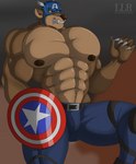 abs anthro barazoku belt biceps big_muscles big_pecs bottomwear bulge claws clothed clothing fur looking_at_viewer male muscular muscular_anthro muscular_male nipples pants pants_only pecs shield simple_background solo topless weapon klr-rio disney marvel mythology captain_america canid canine canis mammal mythological_canine mythological_creature were werecanid werecanine werewolf wolf absurd_res digital_media_(artwork) hi_res