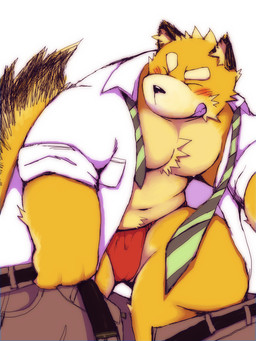 anthro asian_clothing blush bottomwear clothing dressing east_asian_clothing eyes_closed fundoshi japanese_clothing kemono male necktie pants red_clothing red_fundoshi red_underwear shirt simple_background slightly_chubby solo topwear underwear white_background yaoyasohachi canid canine fox mammal 2015 3:4 hi_res