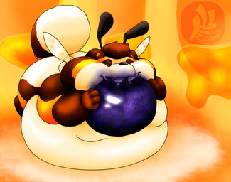 antennae_(anatomy) anthro belly belly_expansion big_belly blueberry_(fruit) duo eating eating_food expansion food fruit fur highlights_(coloring) honey_(food) honeycomb huge_belly hyper hyper_belly lying male micro moobs on_front overweight overweight_anthro overweight_male plant pollen simple_background size_difference solo wax wings fujiyama_samoyed bumble_beans_(fujiyamasamoyed) arthropod bee bumble_bee_(species) canid canine hybrid hymenopteran insect mammal raccoon_dog tanuki hi_res shaded soft_shading watermark