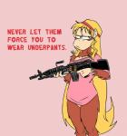 anthro blonde_hair bottomless clothed clothing female frown green_eyes gun hair holding_object holding_weapon long_hair long_shirt looking_at_viewer machine_gun mk_46_mod_1 off_shoulder ranged_weapon rocker simple_background solo text weapon shesamonkey diddy_kong_racing donkey_kong_(series) nintendo rareware dixie_kong ape chimpanzee haplorhine kong mammal pan_(genus) primate english_text