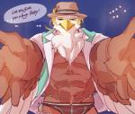 abs beak clothed clothing hat headgear headwear hug male muscular muscular_male open_clothing open_shirt open_topwear reaching_towards_viewer shirt solo speedo swimwear text topwear 1boshi lifewonders tokyo_afterschool_summoners thunderbird_(tas) accipitrid accipitriform avian bird eagle