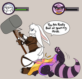 4_fingers 4_toes anthro blue_eyes butt clothing competition crouching dominant dominant_female duo facesitting feet female fingers gameplay_mechanics gui hammer health_bar looking_back lying markings on_back pawpads ring_(marking) ringed_tail sexual_competition sexual_fight simple_background sitting sitting_on_another striped_markings striped_tail stripes tail tail_markings toes tools vaginal weapon wrestling crisstail scirocco tectael lagomorph leporid mammal procyonid rabbit raccoon hi_res