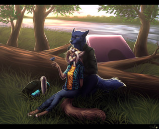 anthro backpack clothed clothing duo female male male/female outside river sitting smile nelly63 canid canine felid mammal digital_media_(artwork) shaded