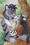 blue_eyes claws clothed clothing duo eye_contact fangs female forest fur grey_gut hair hug looking_at_another male outside plant striped_body striped_fur stripes teeth tooth_necklace topless tree whiskers white_body white_fur nekoart felid mammal pantherine tiger hi_res