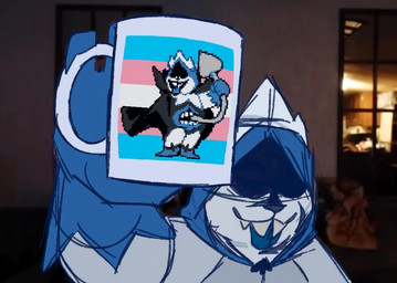 belly_mouth blue_clothing clothing coat coffee_mug container cup eyeless fangs gloves handwear hoodie inside lgbt_pride male mug obscured_eyes parody photo_background pride_colors shadowed_eyes smile solo spades_(marking) standing teeth tongue tongue_out topwear transgender_pride_colors white_body trix_the_trickster deltarune undertale_(series) caseoh king_spade darkner humanoid guide_lines photography_(artwork)