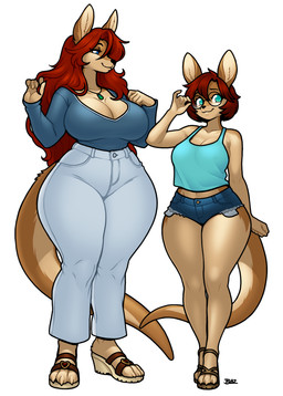 anthro big_breasts blue_eyes bottomwear breasts brown_body brown_hair clothing denim denim_bottomwear denim_clothing denim_shorts duo eyebrows eyelashes eyewear feet female footwear glasses hair jewelry long_hair mature_female midriff necklace pants red_hair round_glasses sandals shoes short_hair shorts smile tan_body thick_thighs wide_hips blazbaros kangaroo macropod mammal marsupial 2025 digital_media_(artwork) hi_res daughter_(lore) mother_(lore) mother_and_child_(lore) mother_and_daughter_(lore) parent_(lore) parent_and_child_(lore) parent_and_daughter_(lore)